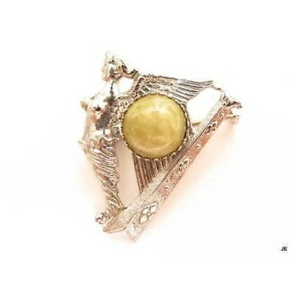 Vintage Art Deco Silver Plated Jeweled Green Cabochon Harp Angel Pin Brooch‎